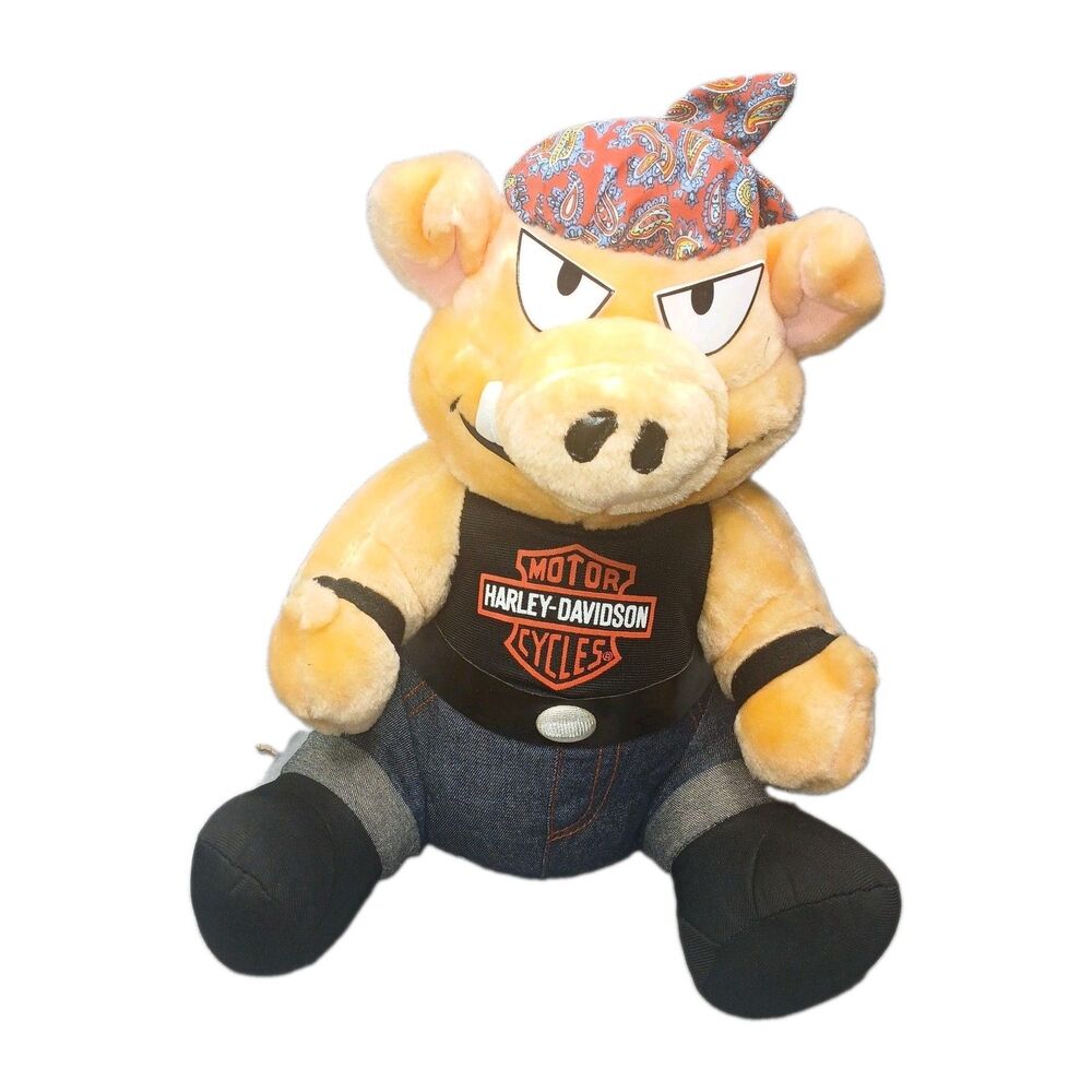 Harley Davidson Pig Biker Plush Stuffed Animal Vintage, 13″ Toy Do-Rag Jeans